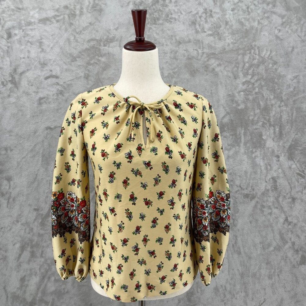 Vintage 70s Andrea Gayle Floral Balloon Sleeve Keyhole Top USA Made - Picture 2 of 14
